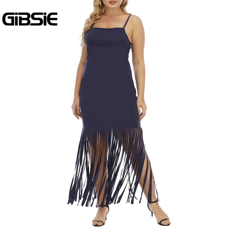 

GIBSIE Plus Size Backless Solid Cami Dress New Summer Fashion Slim Tassel Dresses 6xl 5xl 4xl Women Casual Bodycon Long Dress
