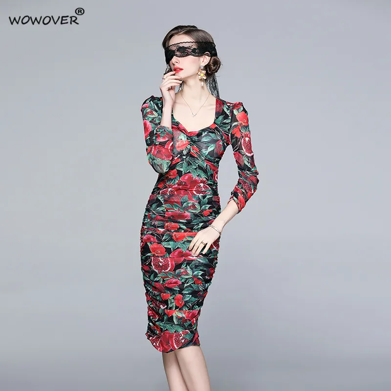 

Runway Spring Designer Square Collar Floral Print Elegant Lady Celebrity Party Draped Mesh Dress Women Slim Bodycon Robe Vintage