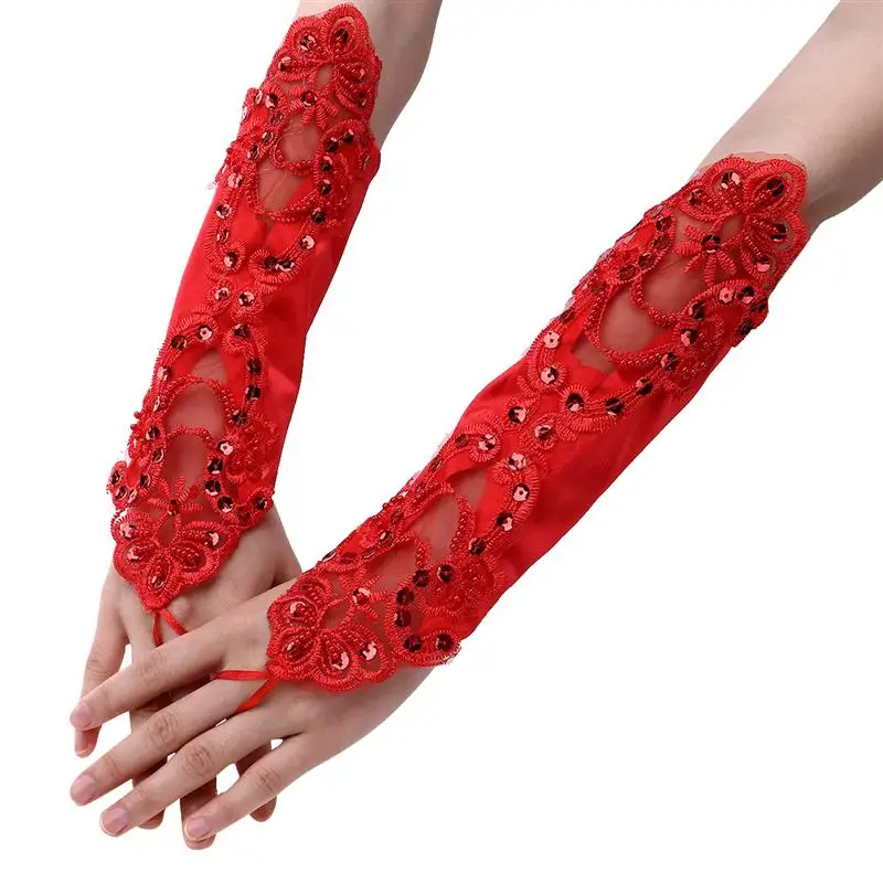 Красные длинные кружевные свадебные Перчатки Элегантные женские перчатки без
