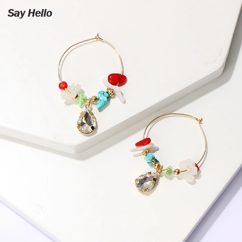 Женские асимметричные серьги кольца SAY HELLO с цветками из камня и бирюзы
