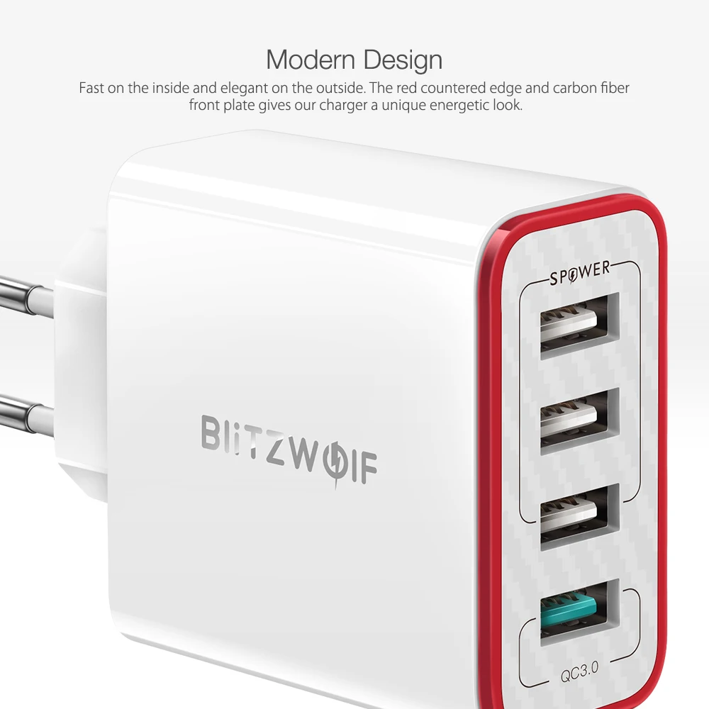 BlitzWolf 4 порта QC3.0 Быстрая зарядка ЕС штекер светодиодный светильник 30 Вт 2.4A USB дорожное настенное зарядное устройство Power3S для iPhone Android для N-Swich