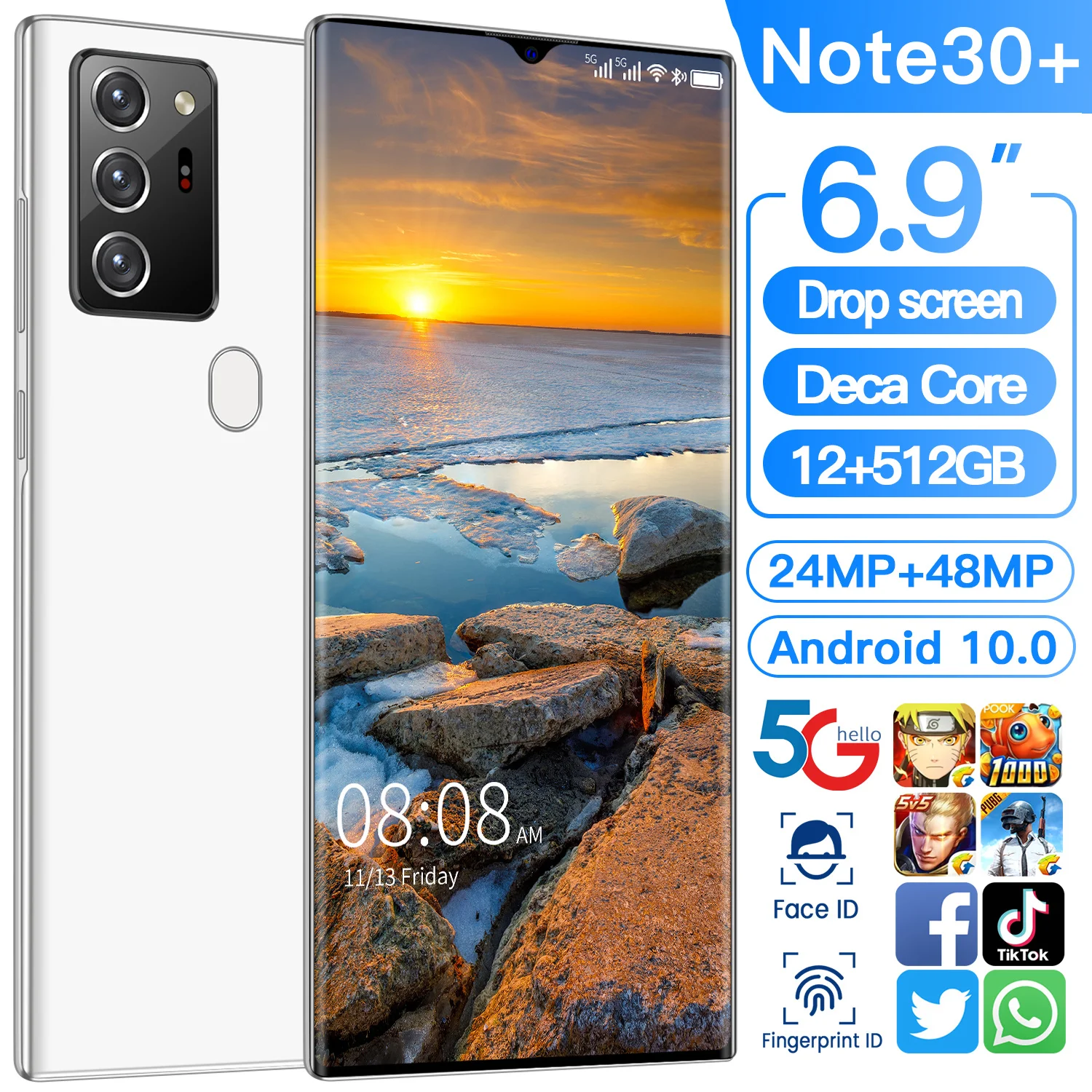 

Galaxy Note30+ 6.9 Inch Full screen Android Smartphone 12GB+512GB Face unlock Mobile Phone 24+48MP Type-C HD camera Cellphone