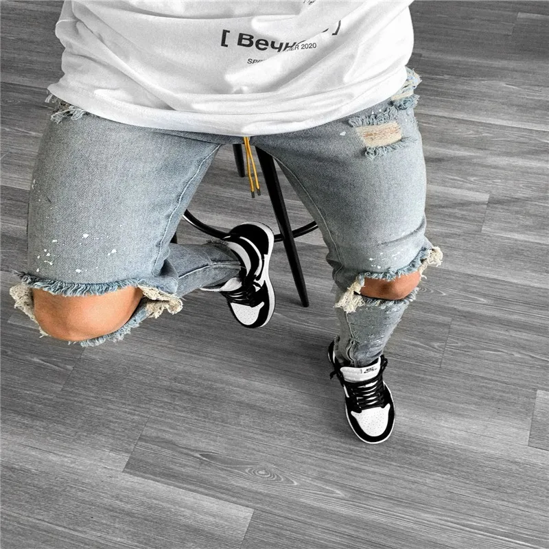 Men's Large Size Trousers Slim Hole Micro-Elastic Paint Tight Casual Fashion Street Waist Small Foot Jeans