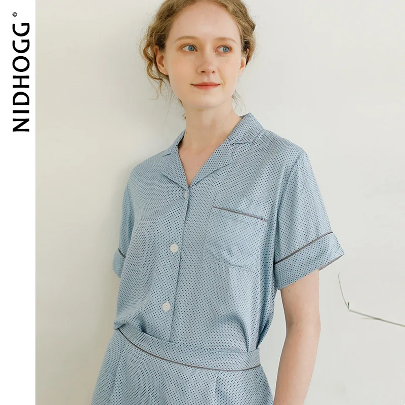 2020 летние тонкие атласные голубые точки с коротким рукавом брюки пижамы для