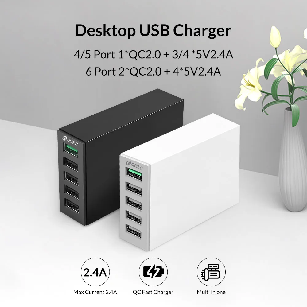 orico 5 ports qc2 0 usb fast charger usb desktop charger 40w max charging station for iphone samsung xiaomi cell phone tablet free global shipping