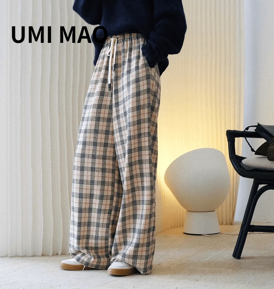 

UMI MAO Autumn Winter Korean Retro Lazy Large High Waist Drawstring Plaid Wide-leg Pants Loose Thin Wool Trousers Female Y2K