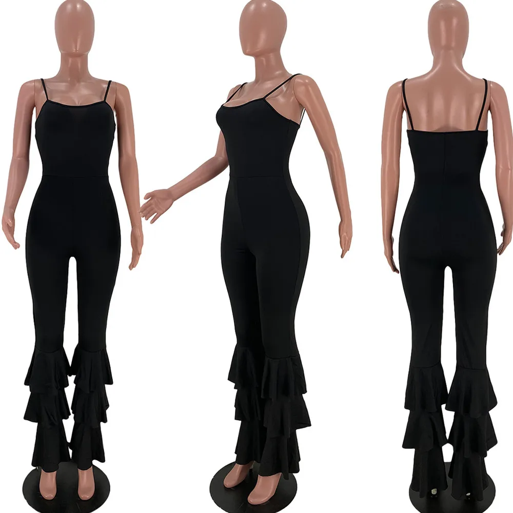 

Black/orange Bandage Ruffles Patchwork Flare Romper Women Cleavage Sleeveless One Piece Overalls Activewear Backless Catsuits