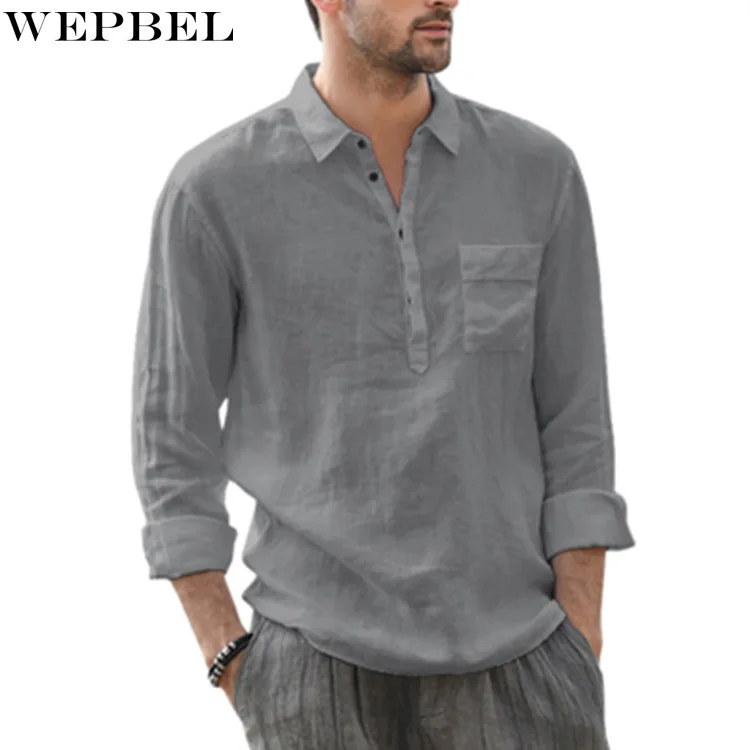 

WEPBEL Shirt Men's Casual Solid Color Slim Single-Breasted Shirt Summer Long Sleeve Pocket Turn-down Collar Pullover Shirt