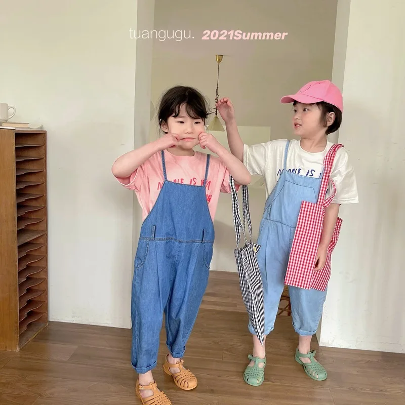 

Children's Overalls 2021 Summer New Toddler Girls Boys Korean Denim Jumpsuits Casual Loose Kids Denim Overalls Baby Trousers