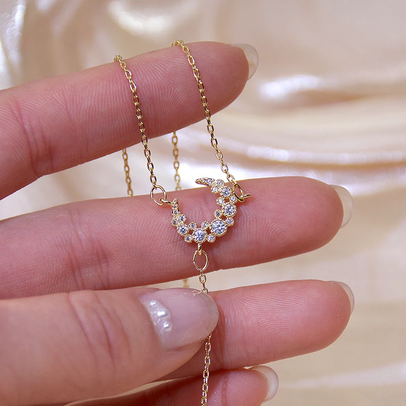 

Vintage Elegant 14k Real Gold Moon Stars Pendant Chain Necklace for Women High Quality Charming Temperament Jewelry AAA Zirconia