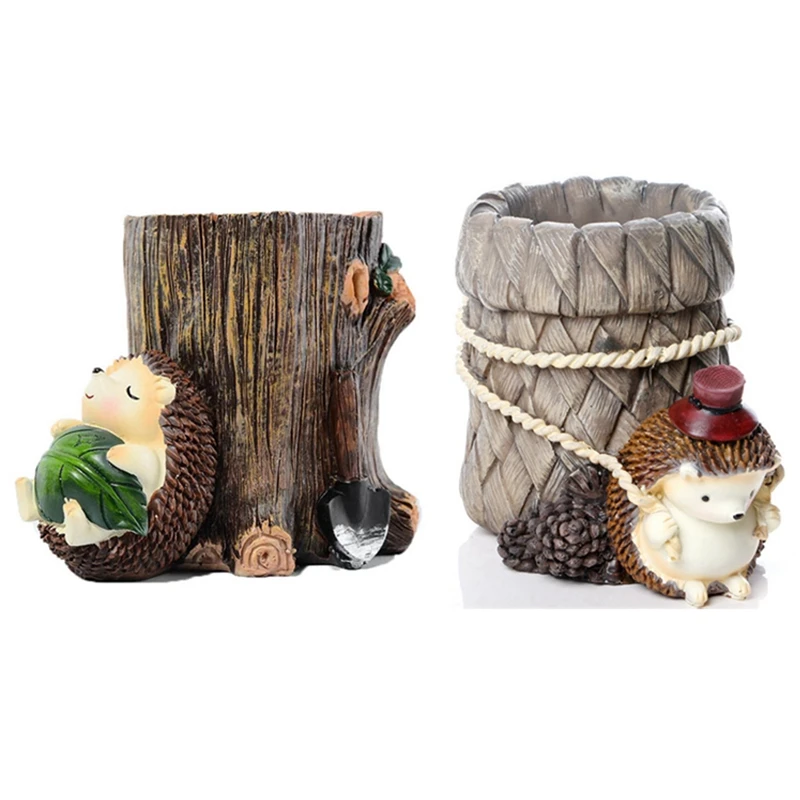 

2x Cute Hedgehog Pencil Pen Holder Resin Desk Organizer Stationery Container Desktop Storage for Home Office 1 & 2