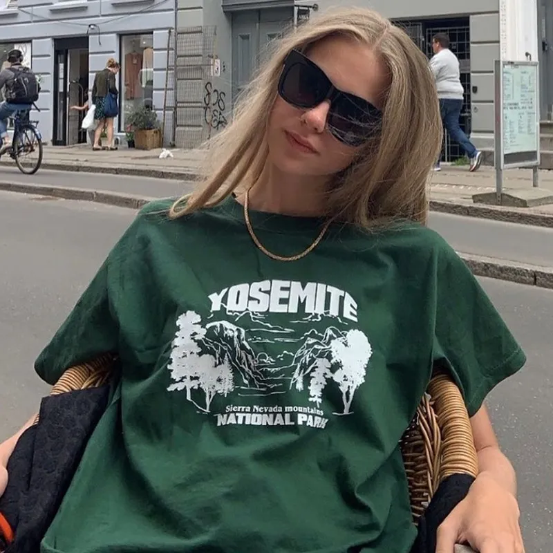 

New Streetwear Retro Green YOSEMITE Letter Print T Shirts O-neck Casual Summer Large 2XL Y2k Tops Hip Hop Korean Fashion Teens