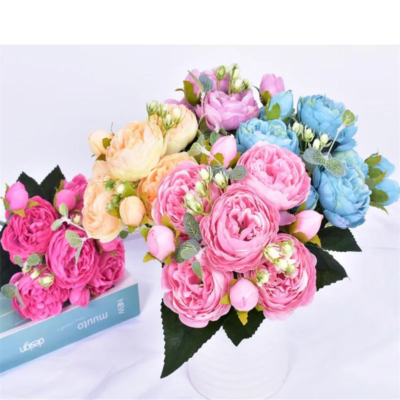 

30cm Big Flower Heads Rose Silk Bouquet Peony Artificial Flowers 5 Big Heads 4 Small Bud Bride Wedding Home Decoration Flowers