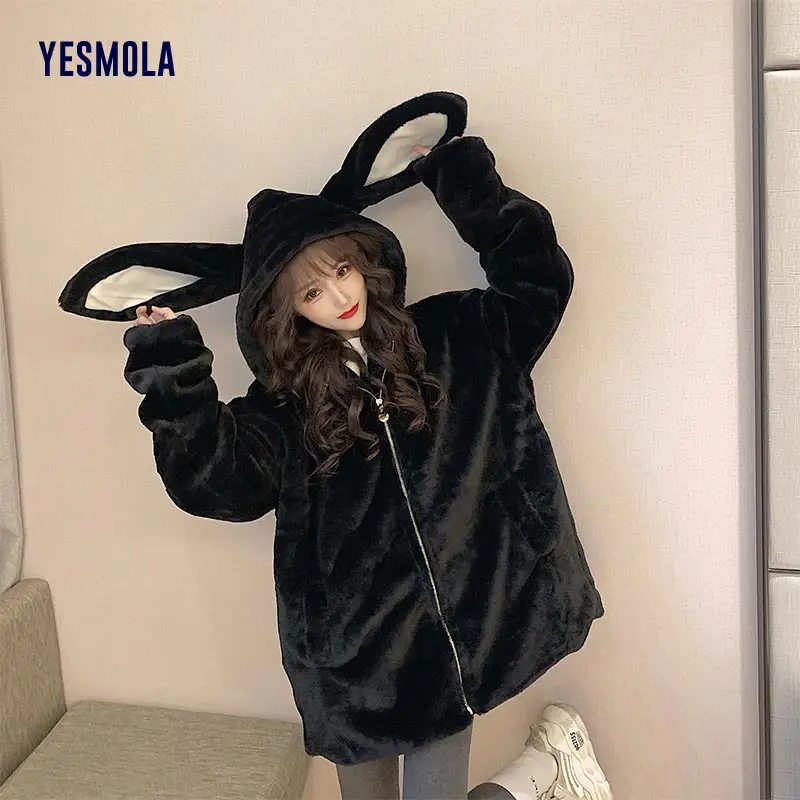 Милая куртка с капюшоном и кроличьими ушками уличная одежда парки для девочек