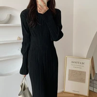 autumn folds sexy slim women dress round neck long sleeve black tight fitting dress korean fashion elegant women clothing