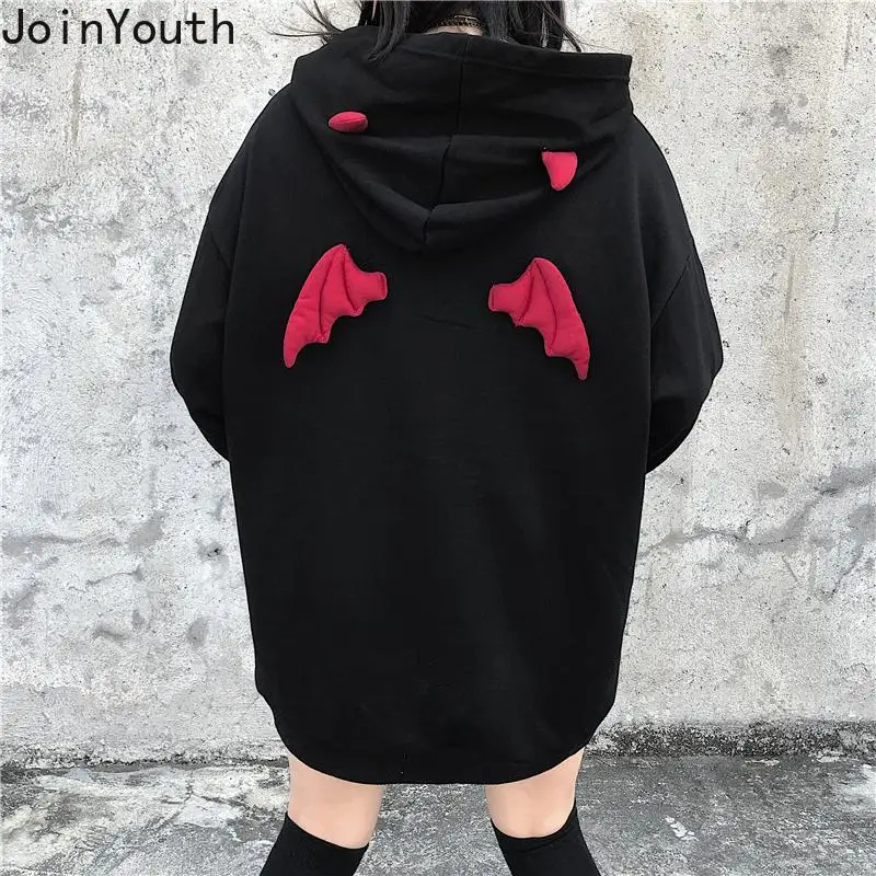 Толстовка Joinyouth с капюшоном черные топы оверсайз рисунком крыла дьявола