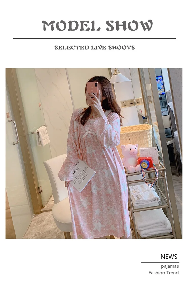 Spring Autumn Casual Plaid Cotton Nightgowns for Women Long Sleeve Loose Night Dress Home Dress Sleepwear Nightdress Nighty