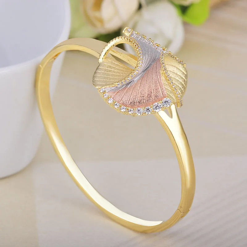 Blucome Cubic Zirconia Wedding Jewelry Sets For Women Special Design Bracelet 3 Tones Grass Geometry Copper Wide Bangle Ring Set | Украшения