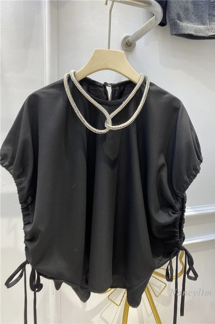 

Spring New Hollow Drawstring Diamond Collar Shirt Top Women's Loose All-Matching Ladies Casual Blouse Blusas