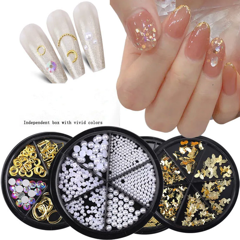 

6 Girds/Box 3D Nail Art Rhinestones Mixed Rivet Pearl Stud Bead Shell Tips UV Gel Nails Art Decorations Accessories Tool
