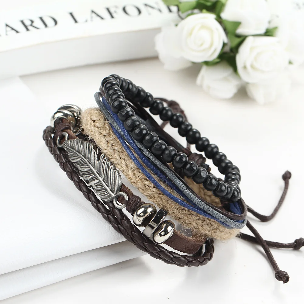 Alloy Leather Bracelet Angel Wing Feather Wooden Beaded Wrap Bracelets | Украшения и аксессуары