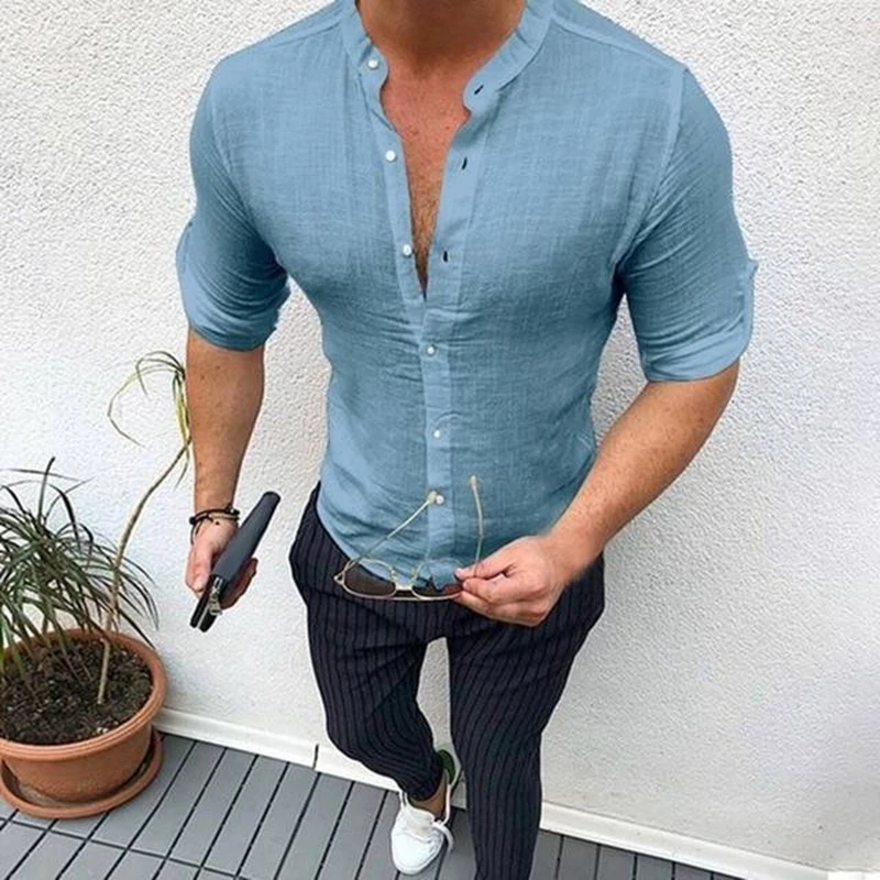 Модные однотонные мужские рубашки с длинным рукавом, хлопковая Повседневная льняная рубашка с v-образным вырезом, мужские уличные пуловеры для фитнеса, Camisa Hombre размера плюс