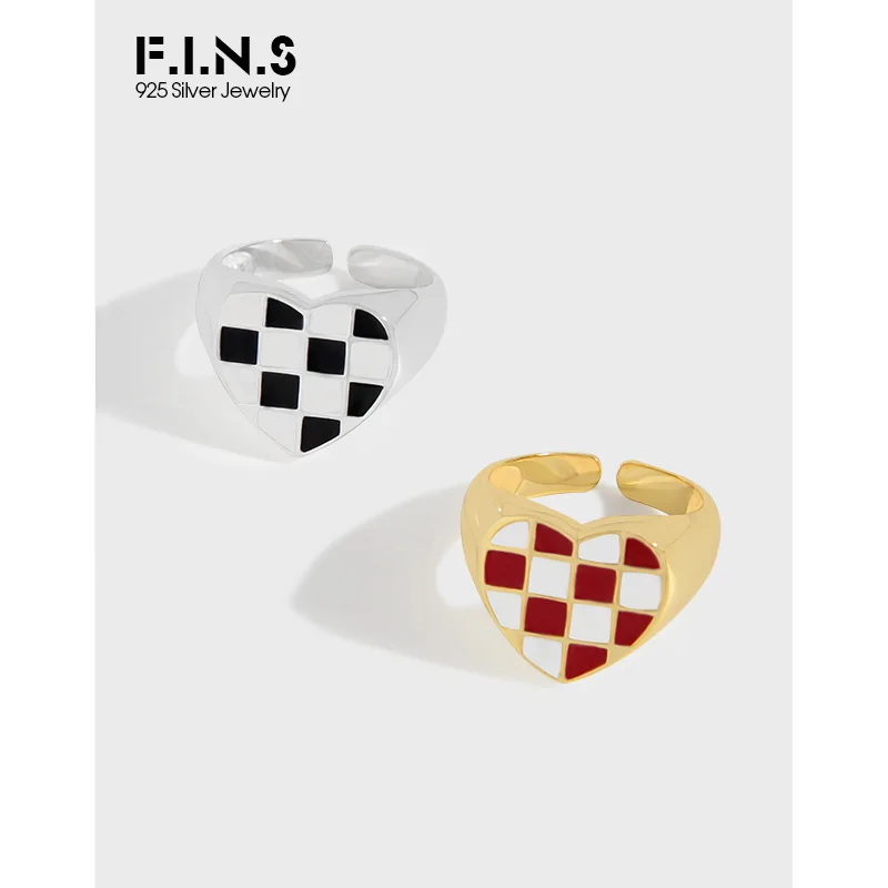 

F.I.N.S роскошное Шахматное кольцо с шахматным сердцем из чистого серебра S925, регулируемые кольца, черно-белое эмалированное кольцо