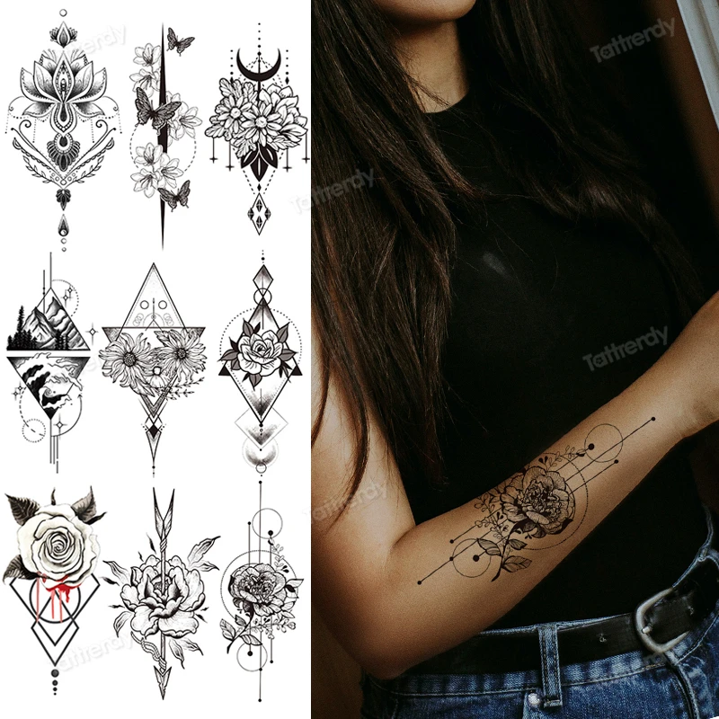 

sleeve armband tattoo sticker flower rose jewelry riangle geometry temporary tattoos women girl beauty body art waterproof decal