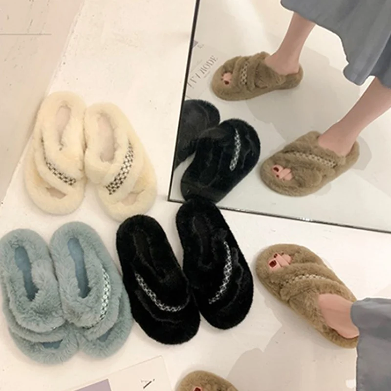 

2021 Cross Furry Slippers Women Print Short Plush House Shoes Ladies Open Toe Woman's Flats Soft Sole Warm Slides Indoor Female