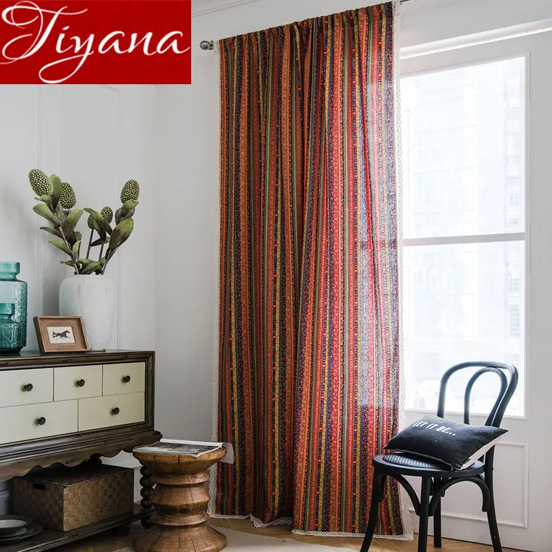 Занавески с цветным полосатым принтом оранжевые хлопковые художественные