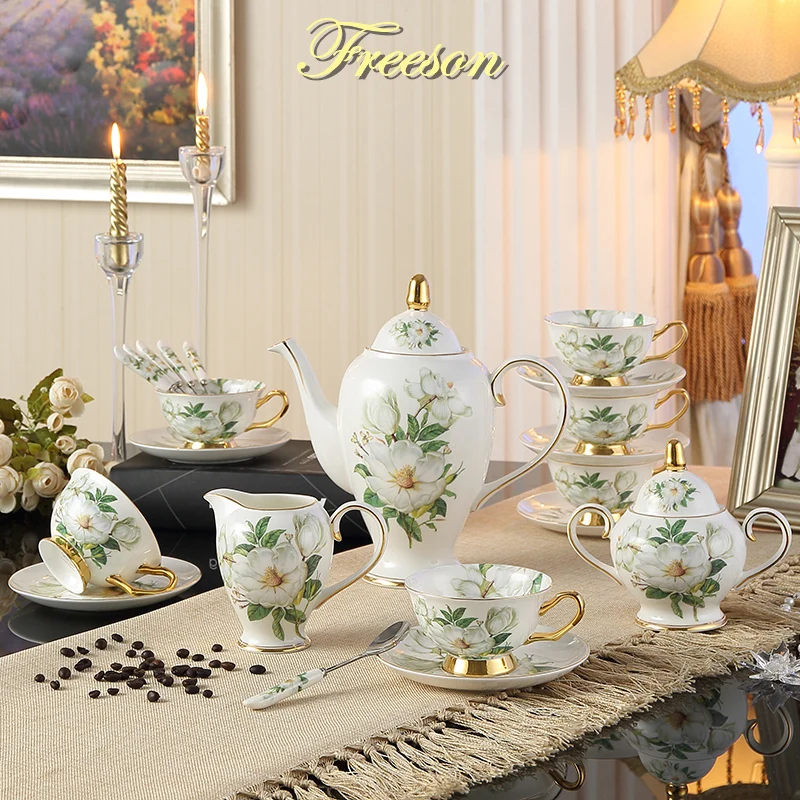 

Bone China Camellia Coffee Set British Porcelain Tea Set Ceramic Pot Creamer Sugar Bowl Teatime Teapot Coffee Cup Mug Coffeeware