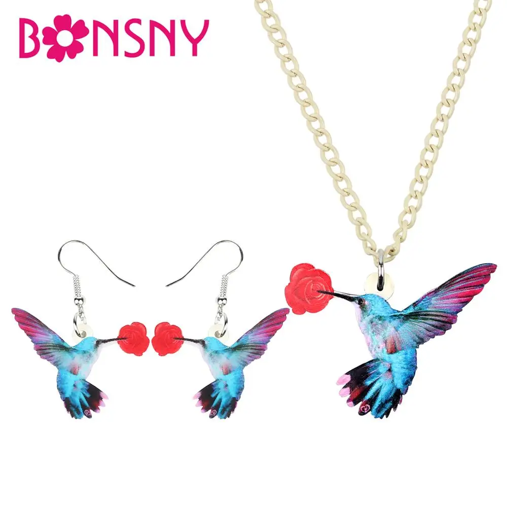 Bonsny Акриловые Ювелирные наборы Цветок летающая птица Колибри колье серьги кулон