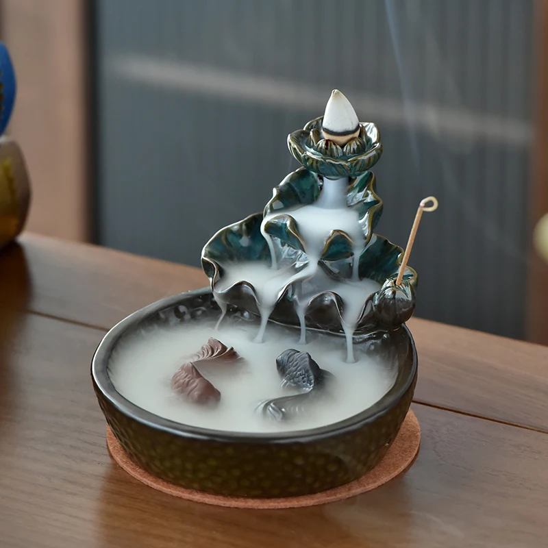 

Lotus Pond Backflow Incense Burner Fish Smoke Waterfall Censer Ceramic Incense Stick Holder Gift Ornaments Creative Home Decor