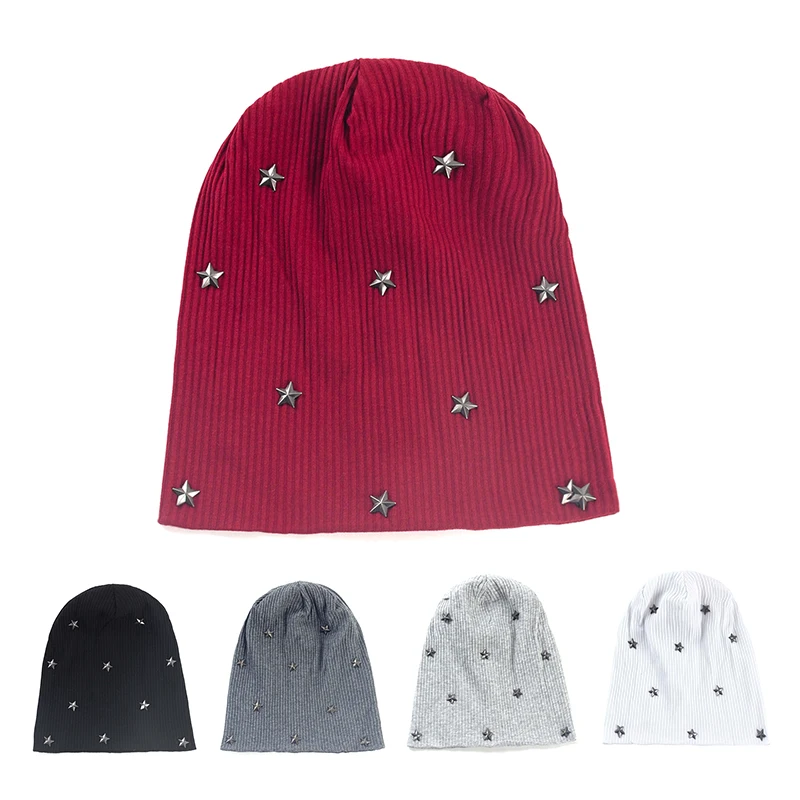 

Women New Ribbing Cotton Soft Beanies Warm Solid Color Elastic Skullies Hat Adult With Five Pointed Star Accessories Caps Bonnet