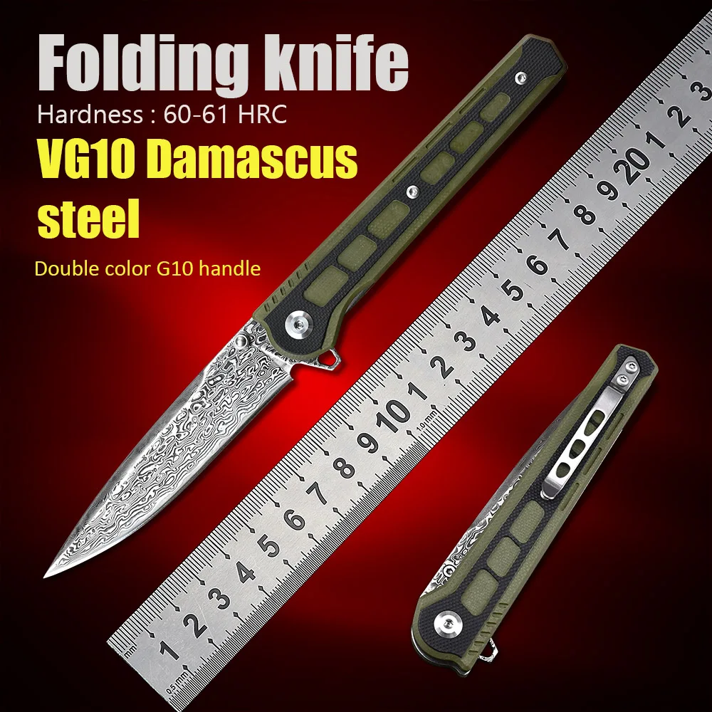 

G10 Handle Survival Pocket EDC Tool Camping Self Defense Weapons Utility VG10 Damascus Folding Knife