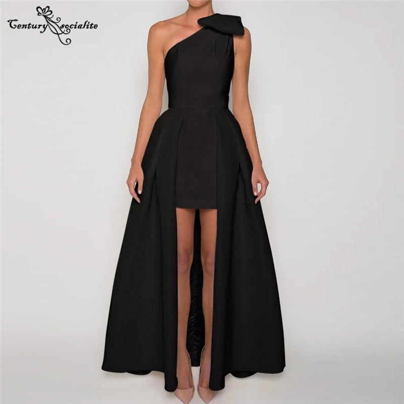 

One Shoulder Evening Dresses Long Detachable Train Big Bow Pockets Simple Satin Prom Dress Formal Gowns Robe De Soiree
