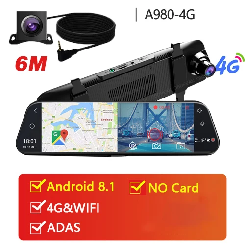 A980 6M NO Card 4G Dash Cam Android 10 дюймов поток медиа зеркало автомобиля зеркало заднего вида автомобиля Dvr ADAS супер ночного видео рекордер FHD двойной 1080P - Название цвета: A980 6M NO Card