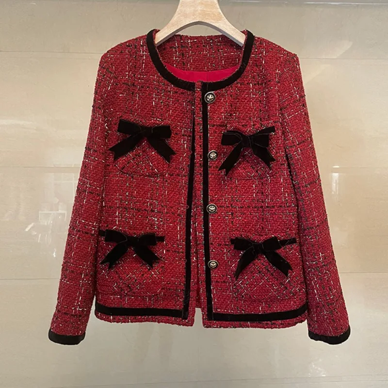 

Женский твидовый костюм с бантом, красное шерстяное кашемировое пальто с длинным рукавом, подиумная верхняя одежда,