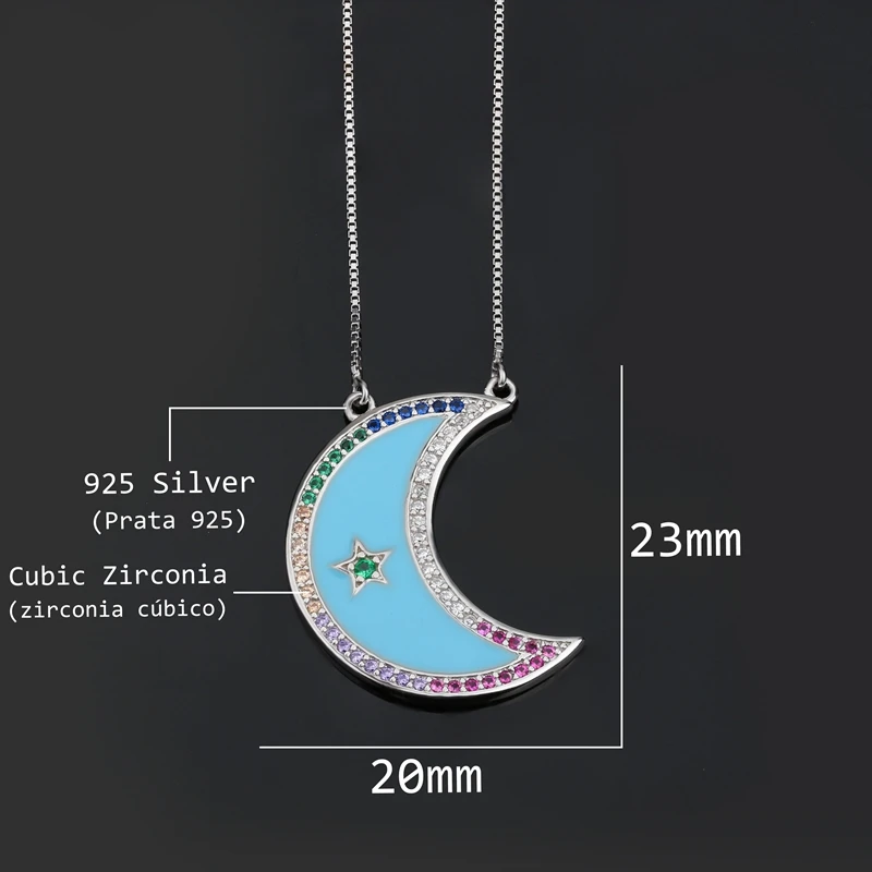 Newranos 925 Silver Necklace Enamel Crescent Moon Pendant Colorful Zirconias Statement Colar fr Women 's Jewelry NYX0031282 | Украшения