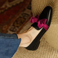fashion real leather women mid heel shoes sweet bow square heels pumps woman casual pound toe slip on loafers shoes ladies