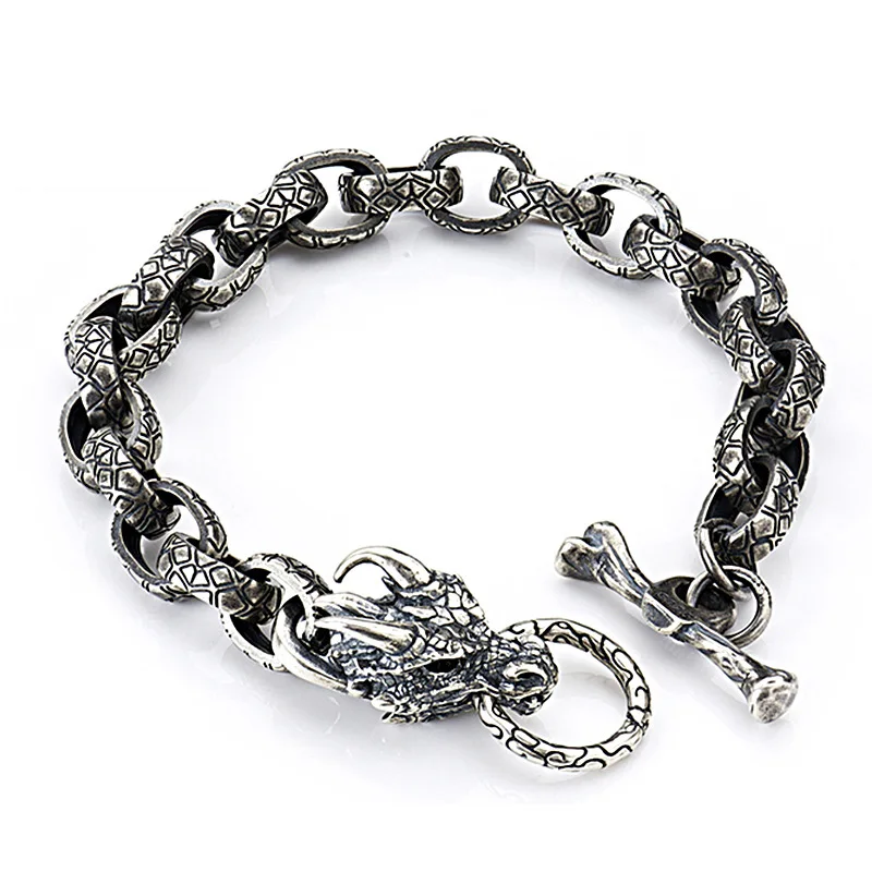 

Real 925 Sterling Silver Mens Dragon Head Bracelet Punk Hip Hop Cool Trend Thai Silver Bracelet Personalized Jewelry