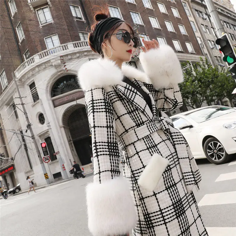 

Faux Fox Fur Collar Women Woolen Coat Autumn Winter 2019 New Fashion Plaid Long Slim Luxury Coat Bandage Office Jacket f2062