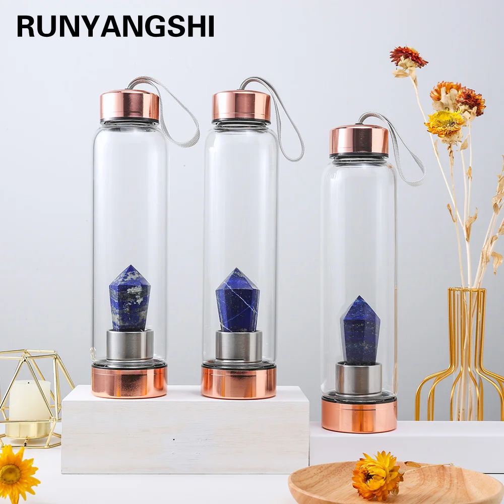 

Natural Healing Crystal Rose Gold Glass Water Bottle Lapis Lazuli Quartz Obelisk Wand Tower Elixir Cup Energy Drinkware For Gift