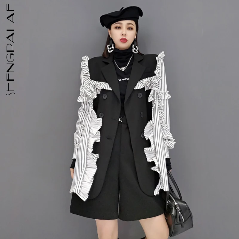 

SHENGPALAE Fashion Spliced Ruffles Striped Blazer Women's Autumn 2021 New Notched Loose Double Breasted Long Sleeve Suit Jacket