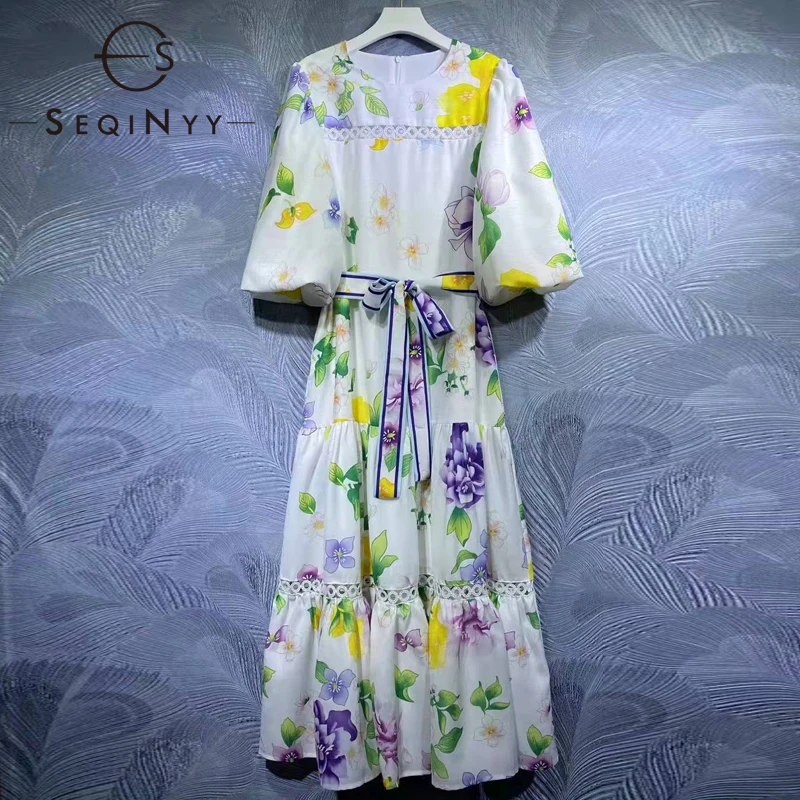 

SEQINYY Loose Midi Dress Summer Spring New Fashion Design Women Runway Bright Flowers Vintage Print Elegant Lantern Sleeve Belt