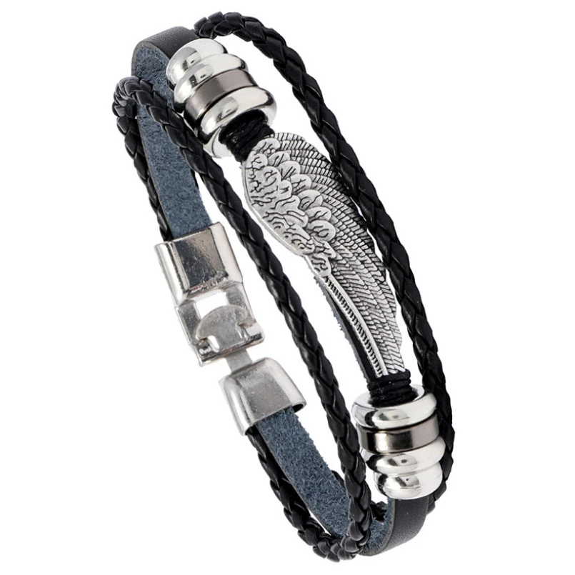 Fashion Punk Black Men Bracelet Vintage Multilayer Feather Angel Wing Charm Braided Leather Rope Chain Bangle Wristbands Jewelry | Украшения