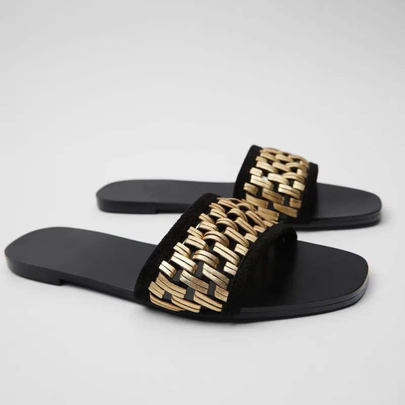 

ZAR Woman 2021 Flat Shoes Spring Summer New Sexy Fashion Golden Weave Square Toe Flat-Heeled Beach Sandals For Women Plus Size