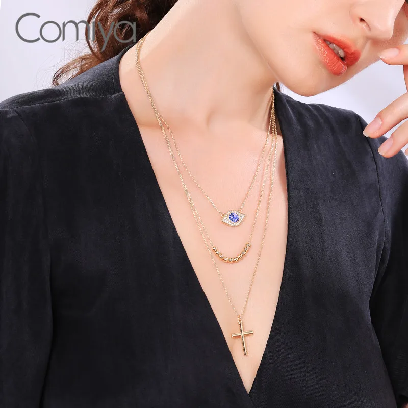 Comiya Necklace For Women Collare Gold Color Zinc Alloy Multi Layers Eye Beads Pendant Fashion Crystal Mosaic Korean Necklaces | Украшения