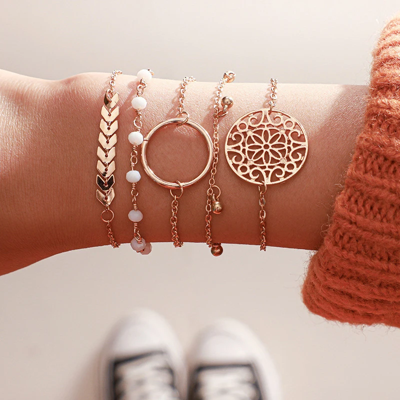 

New 5Pcs/set Vintage Bohemian Gold color Leaf Fashion Bracelet Sets for Women Punk Boho Beach Bangle Jewelry Accessories Decor