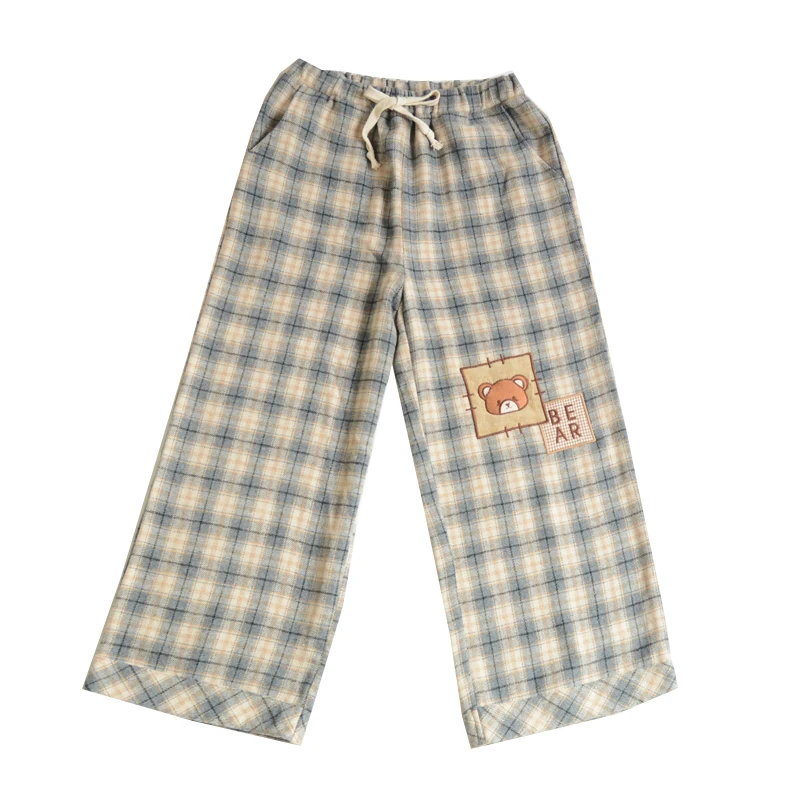 Blue pants Корейские шерстяные женские клетчатые штаны с высокой талией, Харадзюку, каваи, свободные штаны в стиле хип-хоп с медведем, зимние мягкие милые свободные штаны цвета хаки для девочек - Цвет: Blue pants